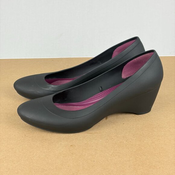 Crocs Lina Wedge Shoes Womens 9 Black Slip On Heel Casual Comfort - Picture 10 of 10
